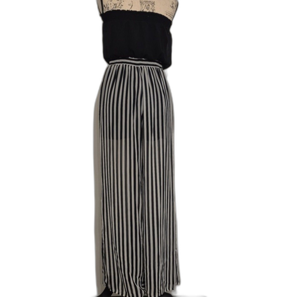 Double Zero Tube Top Pant Jumpsuit M Black White Striped Wide Leg Tie Waist - Picture 10 of 10